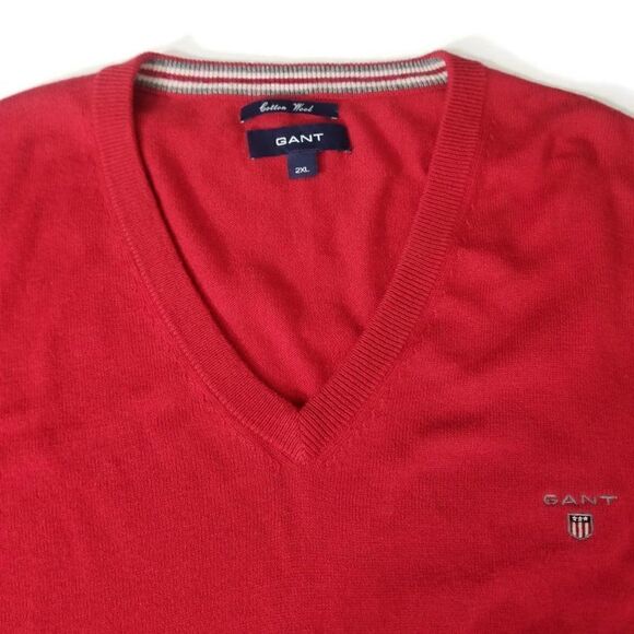 Gant Sweater Mens Size 2XL Cotton Wool Red V-Neck Long Sleeve Pullover Jumper - Picture 6 of 11